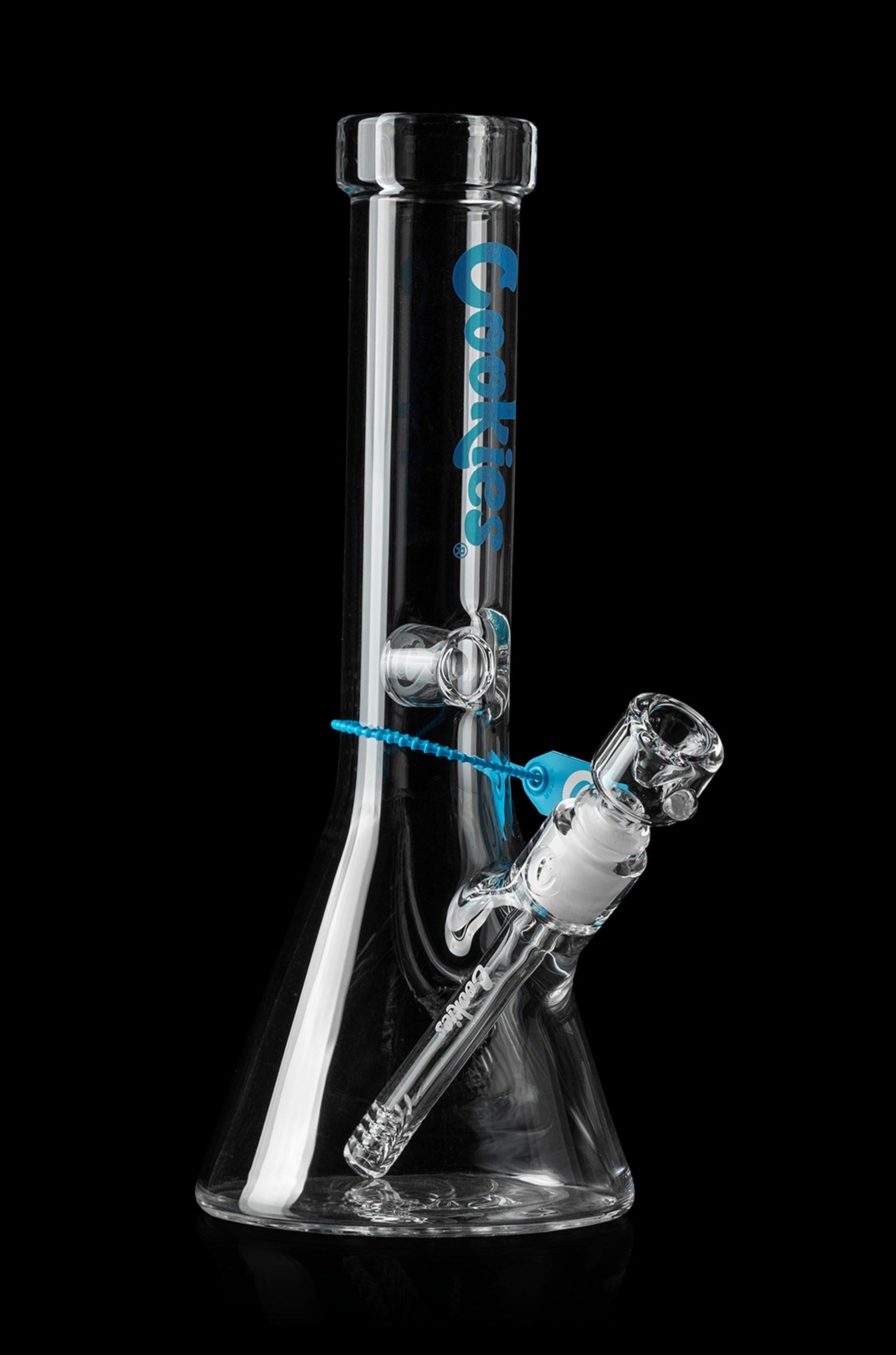 Clear glass bong with blue accents and percolator.