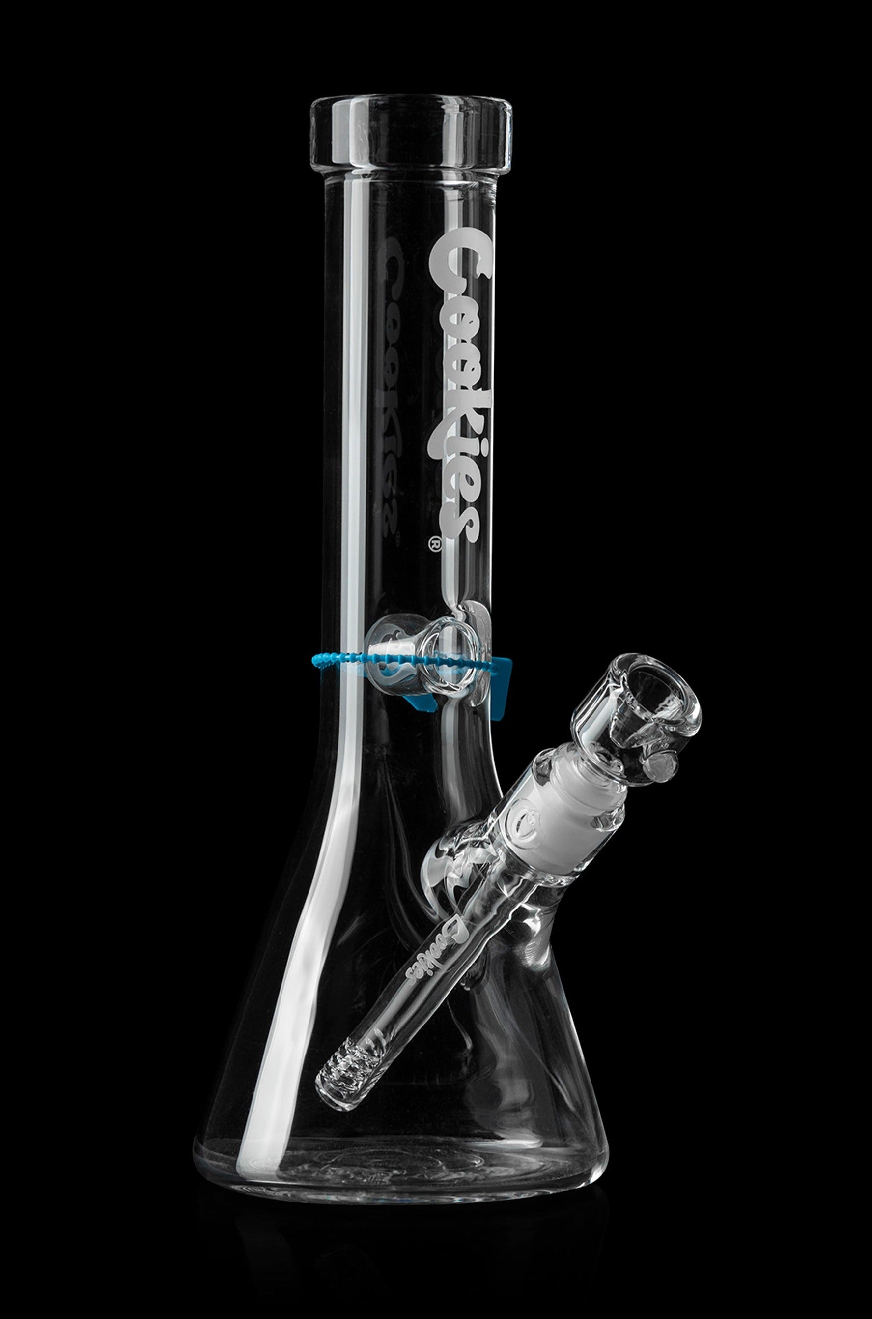 A clear glass bong with the "Cookies" logo printed vertically, featuring a clear downstem and bowl.
