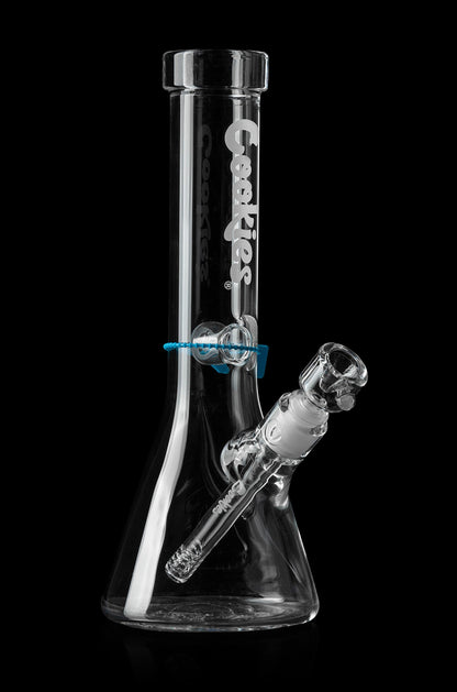 A clear glass bong with the "Cookies" logo printed vertically, featuring a clear downstem and bowl.