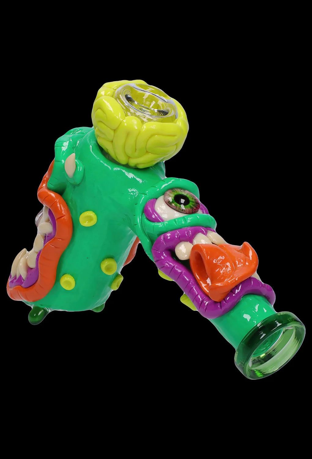 A side view of the Clay Monster Hammer Bubbler, showcasing its vibrant green glass sculpted into a monster-like form.