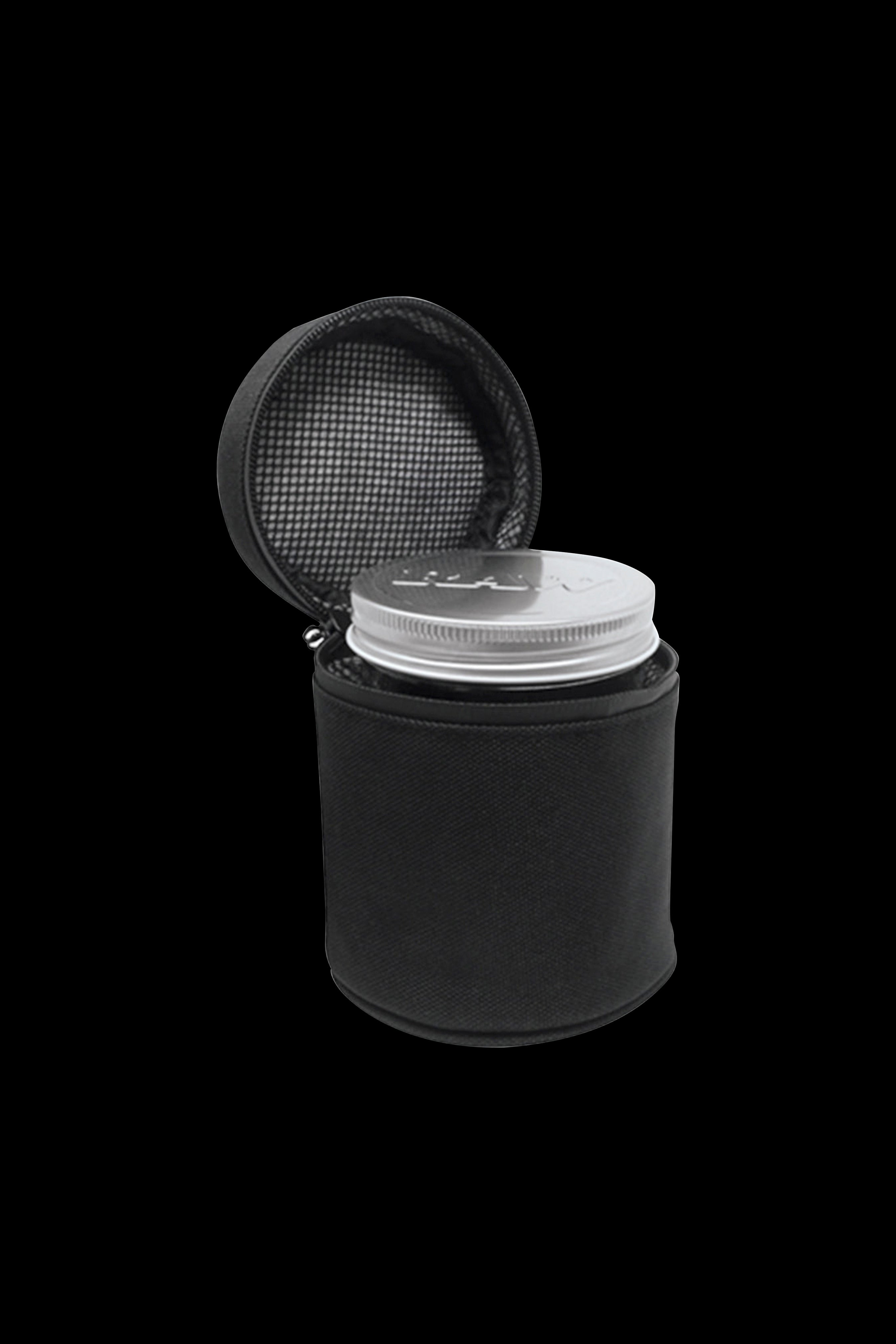 Silver cannabis storage jar inside a black zippered travel case.