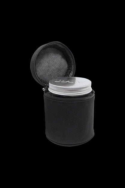 Silver cannabis storage jar inside a black zippered travel case.