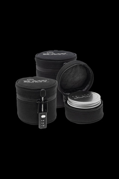 Raw cannabis storage containers with combination lock, including a sealed jar and padded cases.