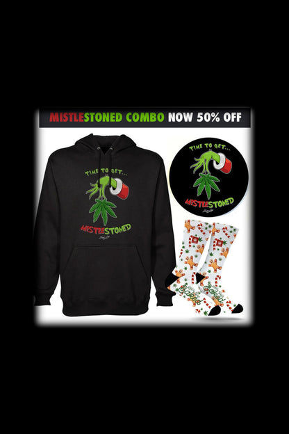 Cannabis-themed holiday bundle featuring a black hoodie, sticker, and socks with a festive marijuana design and the text "Mistletoed." Promotion advertises 50% off.