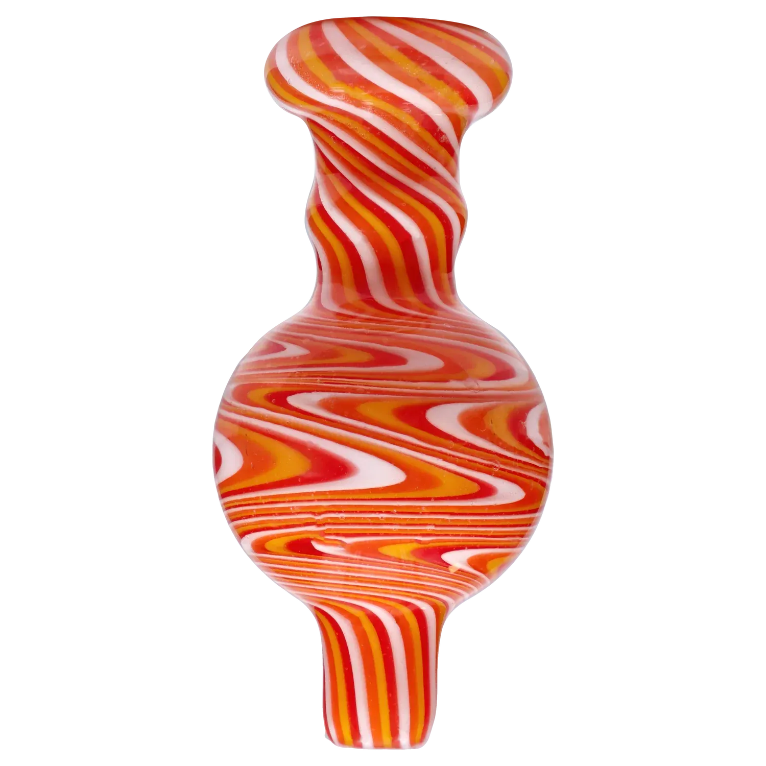 Close-up front view of a swirled red, orange and white Smoke Cartel Assorted Carb Cap - Assorted colors showing its rounded bulb and narrow stem against a white background