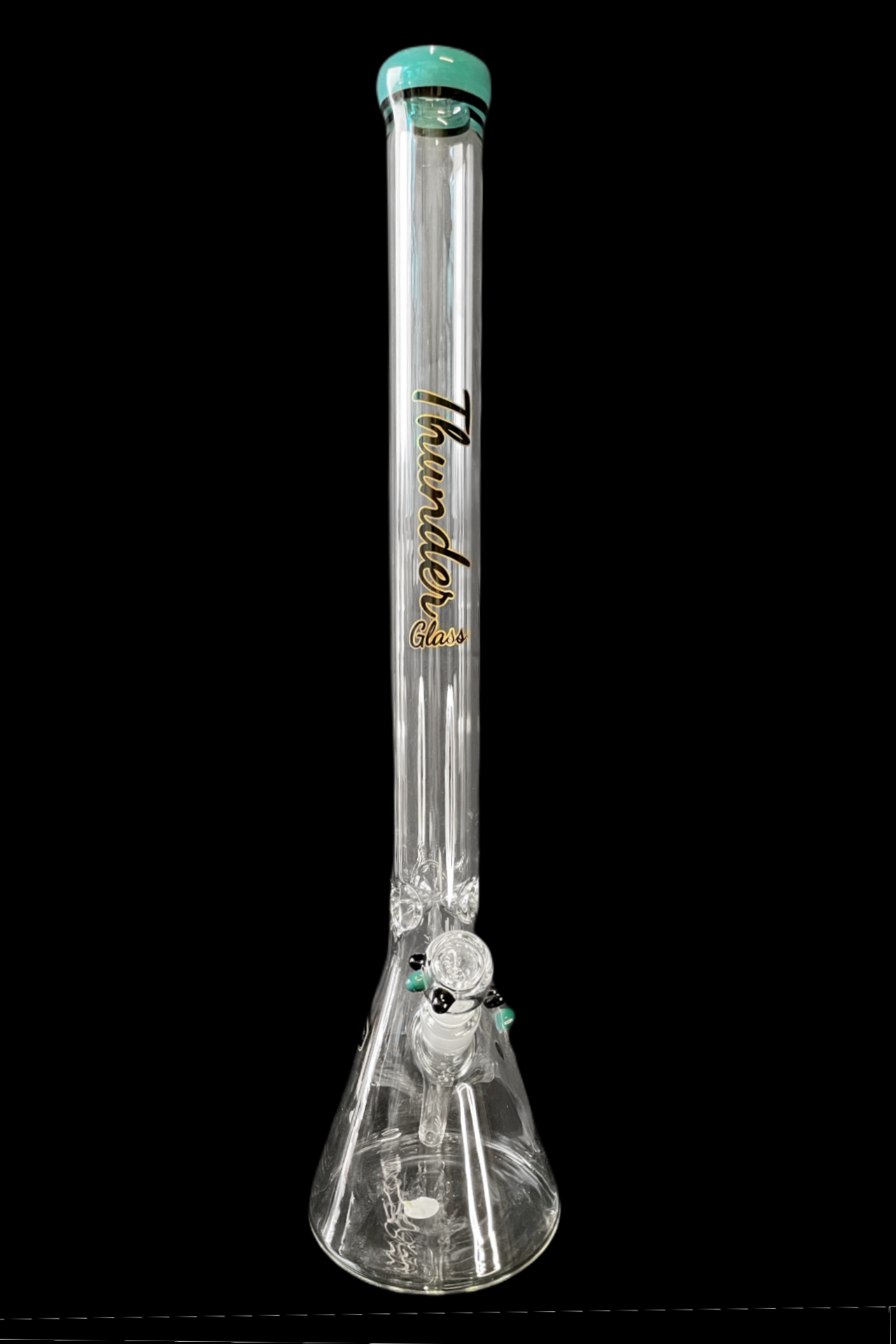 Tall glass bong with ice catch and flared base.
