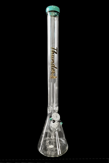 Tall glass bong with ice catch and flared base.