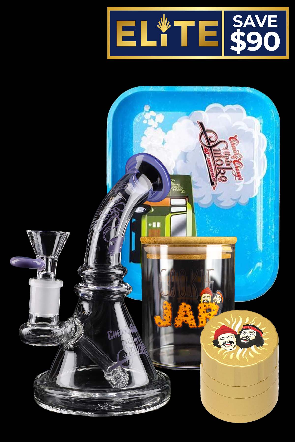 Cannabis smoking accessories including a glass water pipe, rolling tray, storage jar, and doob tubes, with a promotional banner offering $90 savings."