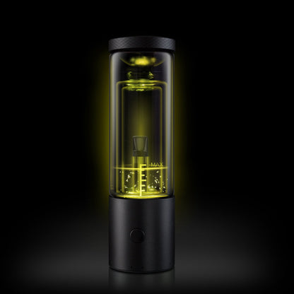 Close-up, front view of the Cloudious9 Carti9 510 Vape Cart Liquid Filtration Vaporizer in black, its glass chamber glowing yellow against a dark background.