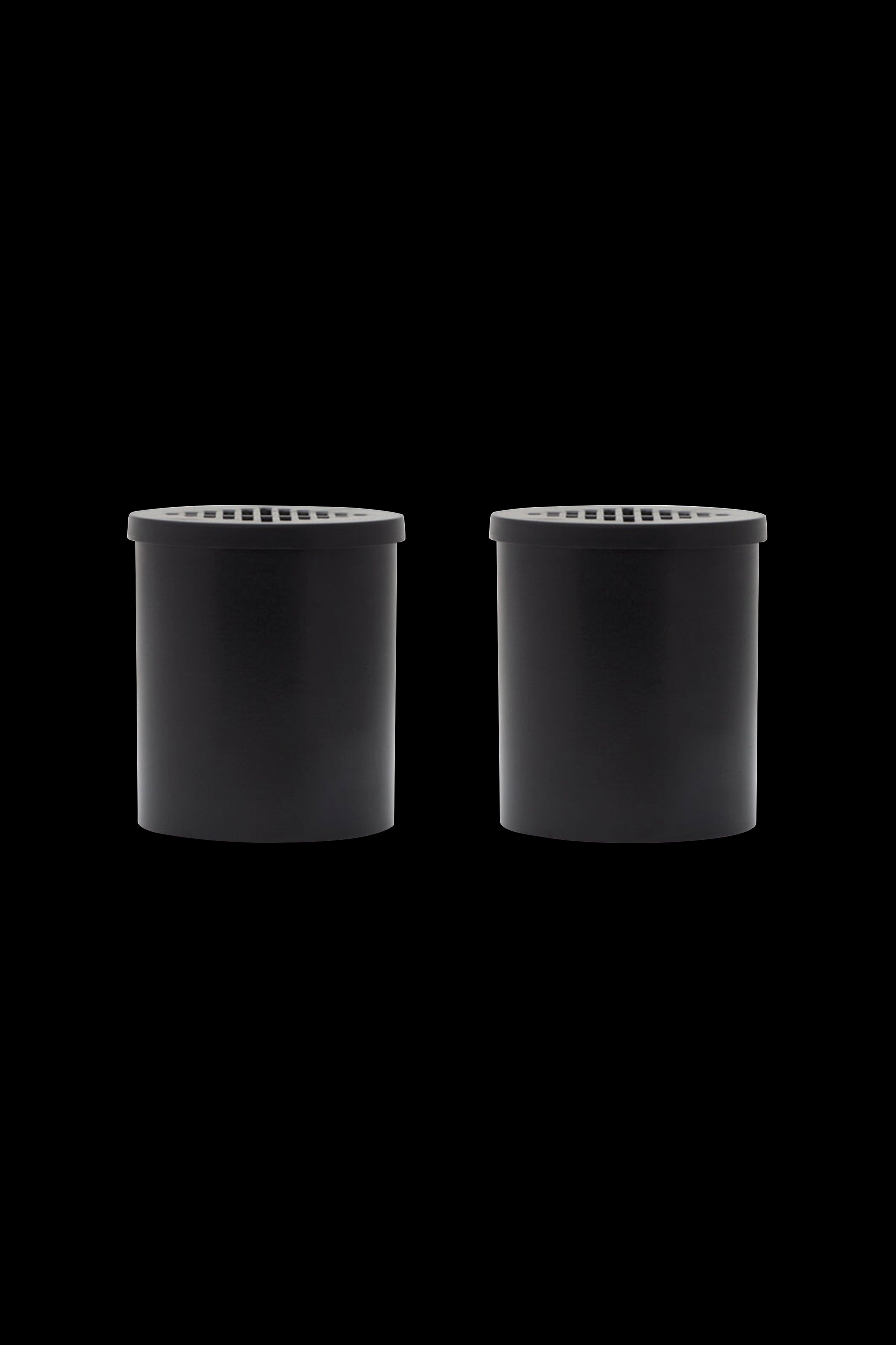 Two black, airtight cannabis storage containers with white silicone gaskets.