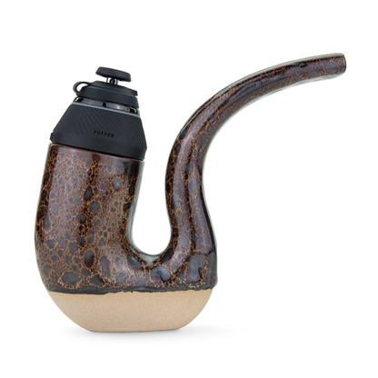 Side view of the Puffco Proxy Terrapipe in chestnut with a curved, speckled ceramic body, matte black top piece, and beige base.