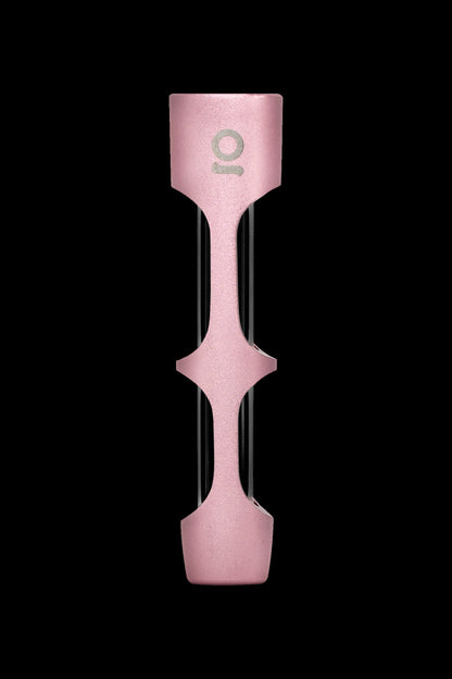 Pink metallic cannabis pipe with a unique, hourglass-like shape and a small logo near the top.