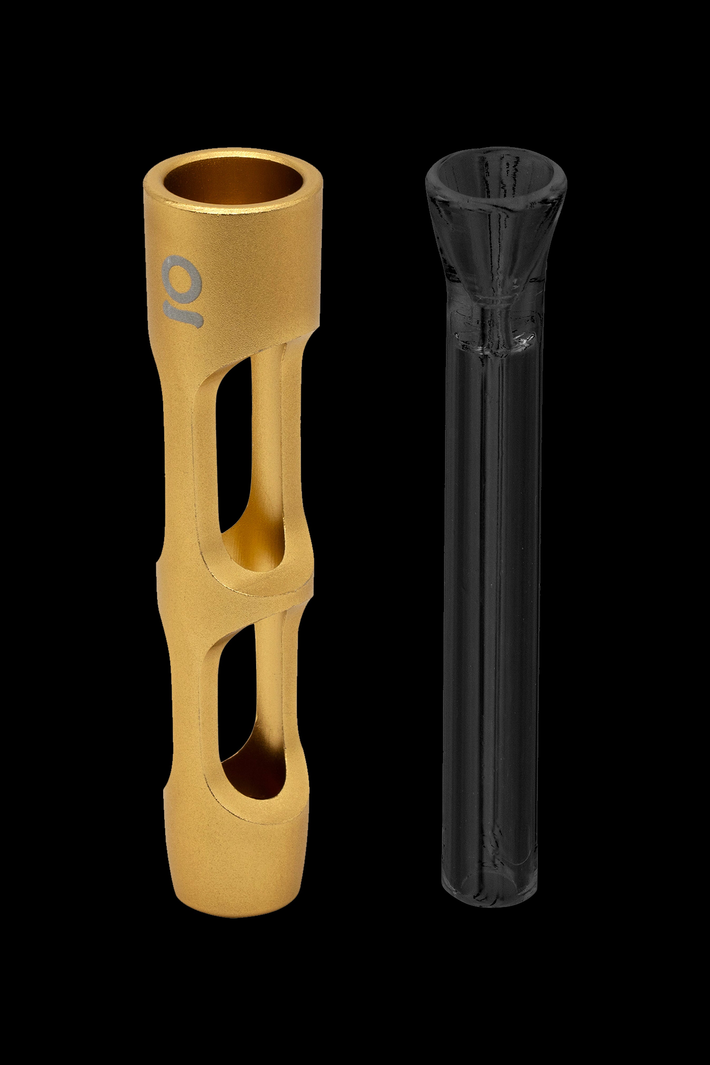 Gold-colored glass pipe with cutouts and a clear glass smoking filter tip, isolated on a black background.