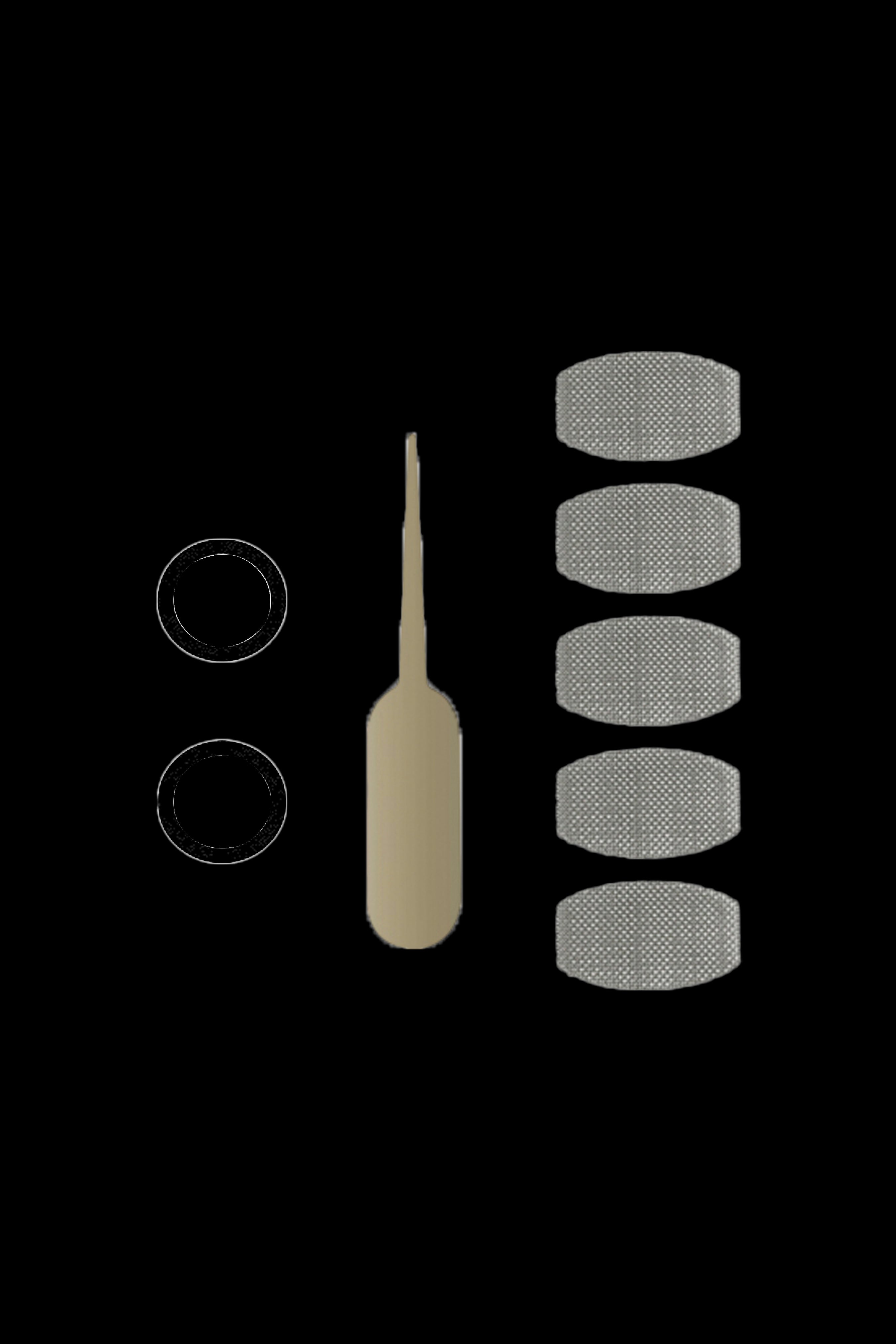 Cannabis dab tool components: two o-rings, a titanium tip, and four perforated titanium nails.