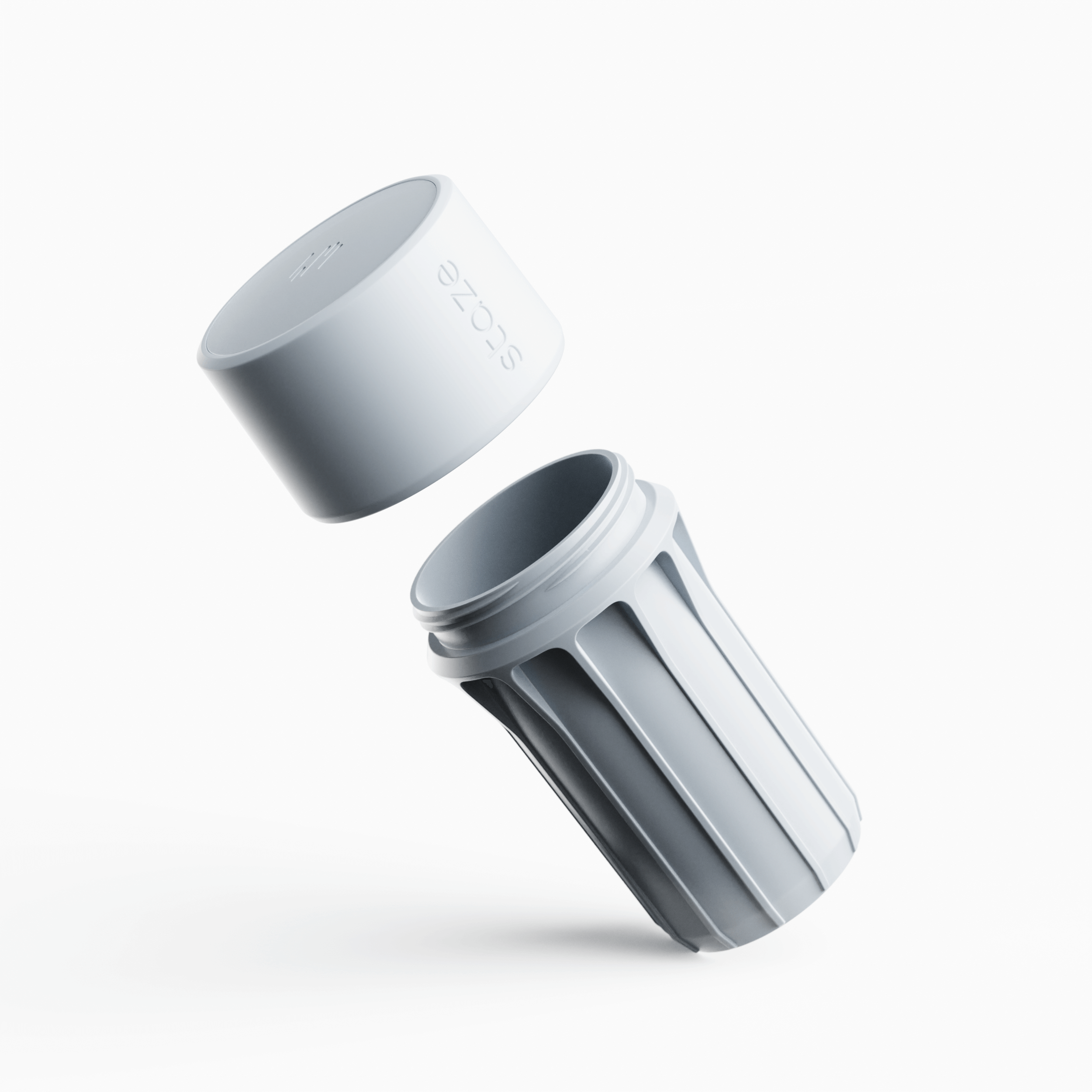 Angled close-up of the white STAZE PRESERVE cap hovering above its threaded, ribbed base against a bright white background.