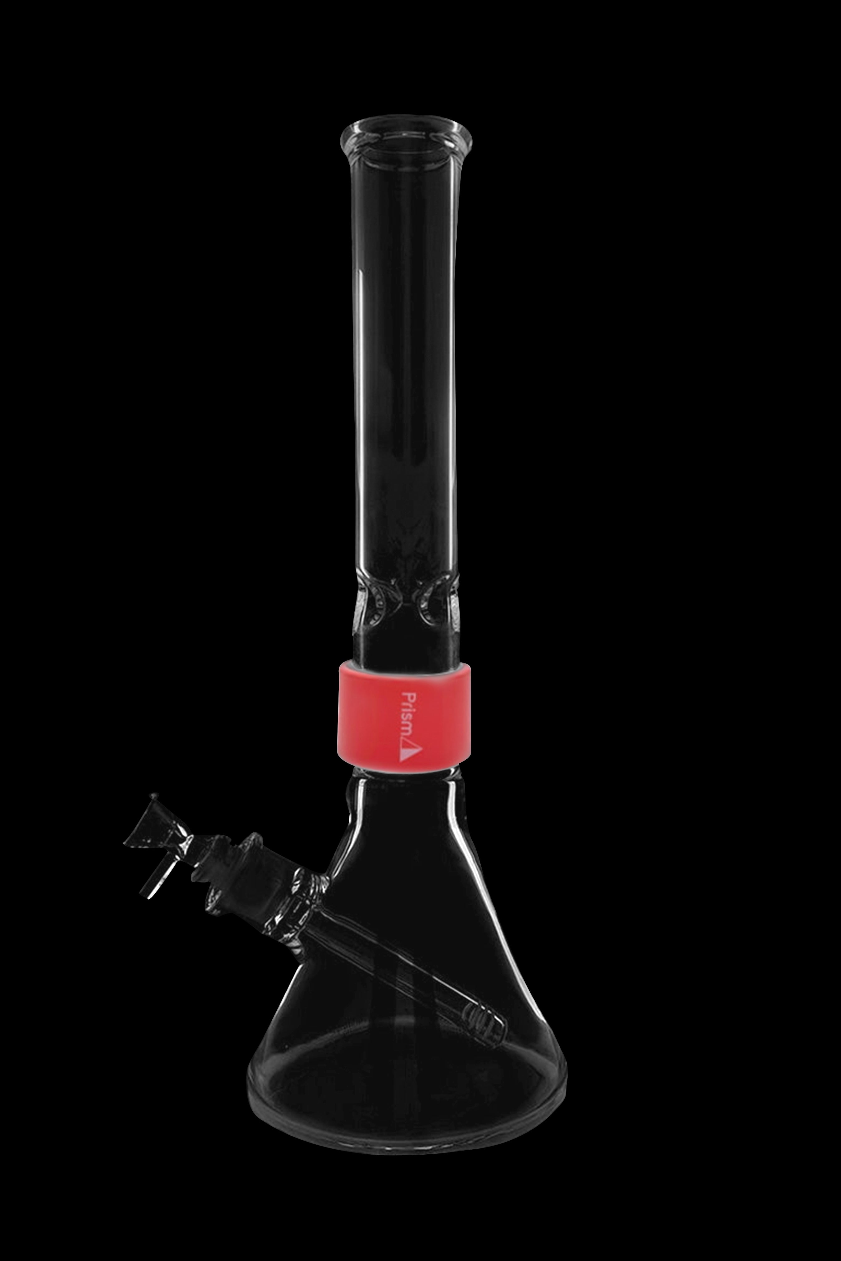 Glass bong with red silicone accents, isolated on a black background.