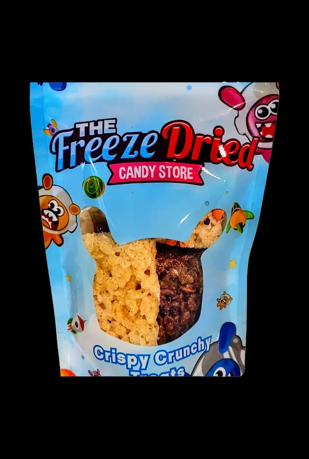 A colorful, sealed bag labeled “The Freeze Dried Candy Store” displays a cannabis-infused, chocolate-covered freeze-dried treat.