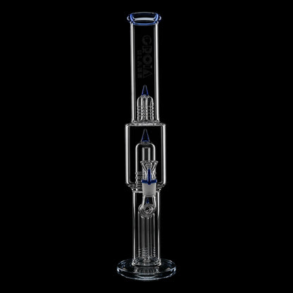 Studio-lit full-height view of the Croia Glass 16" Triple Rocket-Perc Scientific Glass Bong centered against a black background.