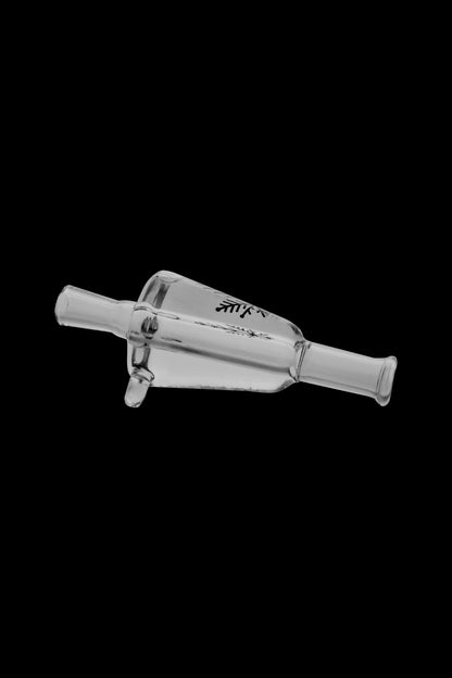 Clear glass bubbler with a branded logo.