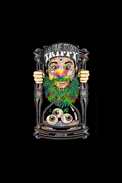 Psychedelic illustration of a smiling face with a leafy beard, holding up cannabis buds, with the text "It's Time to Get Trippy."