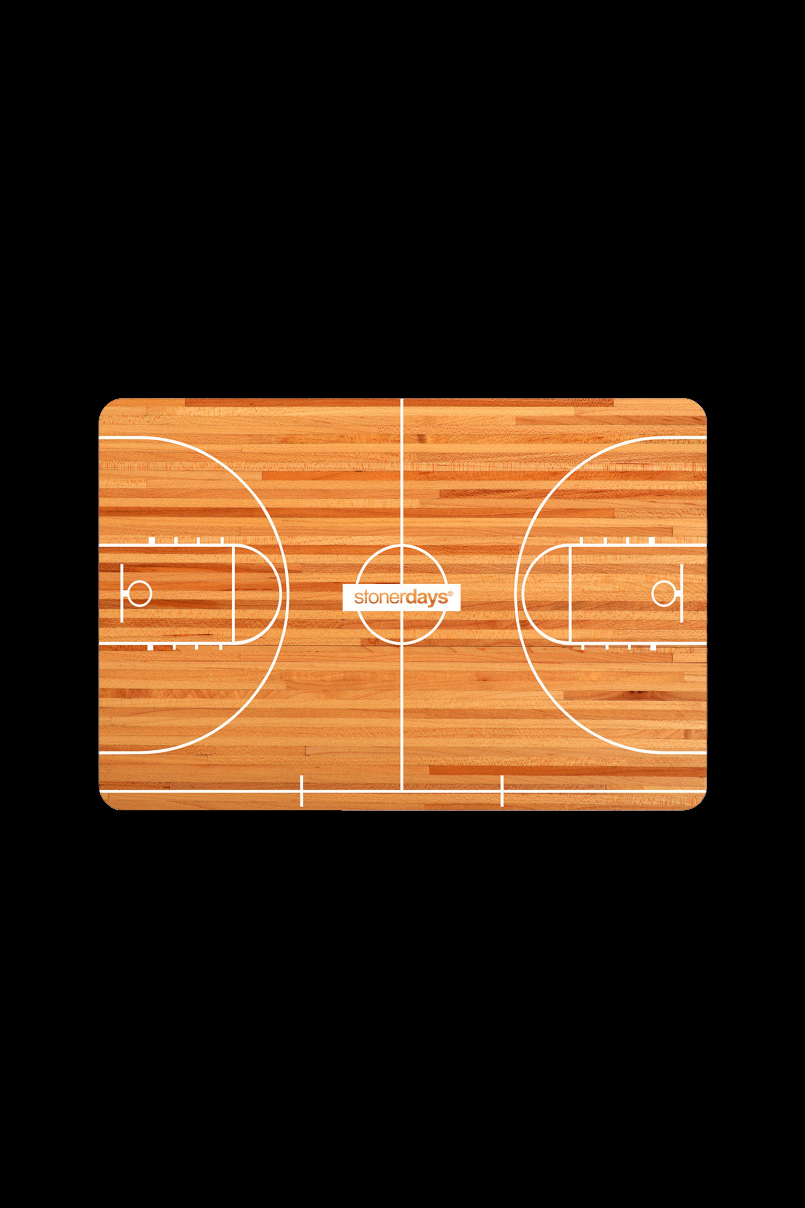 A wooden basketball court-style rolling tray with the "stonerdays" logo centered on the court.