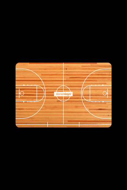 A wooden basketball court-style rolling tray with the "stonerdays" logo centered on the court.