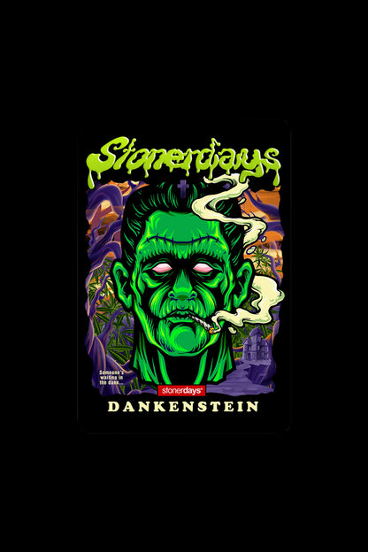 A vibrant, stylized illustration of Frankenstein's monster with cannabis leaves incorporated into his hair and a smoky exhale, promoting the brand “stonerdays” and the phrase “Dankenstein.”