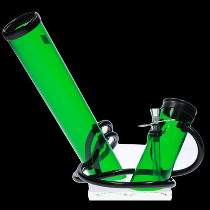 Green glass bong with black accents on a white surface.