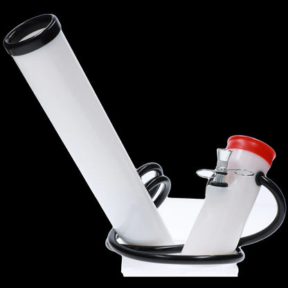 White glass bong with black accents and a red mouthpiece.