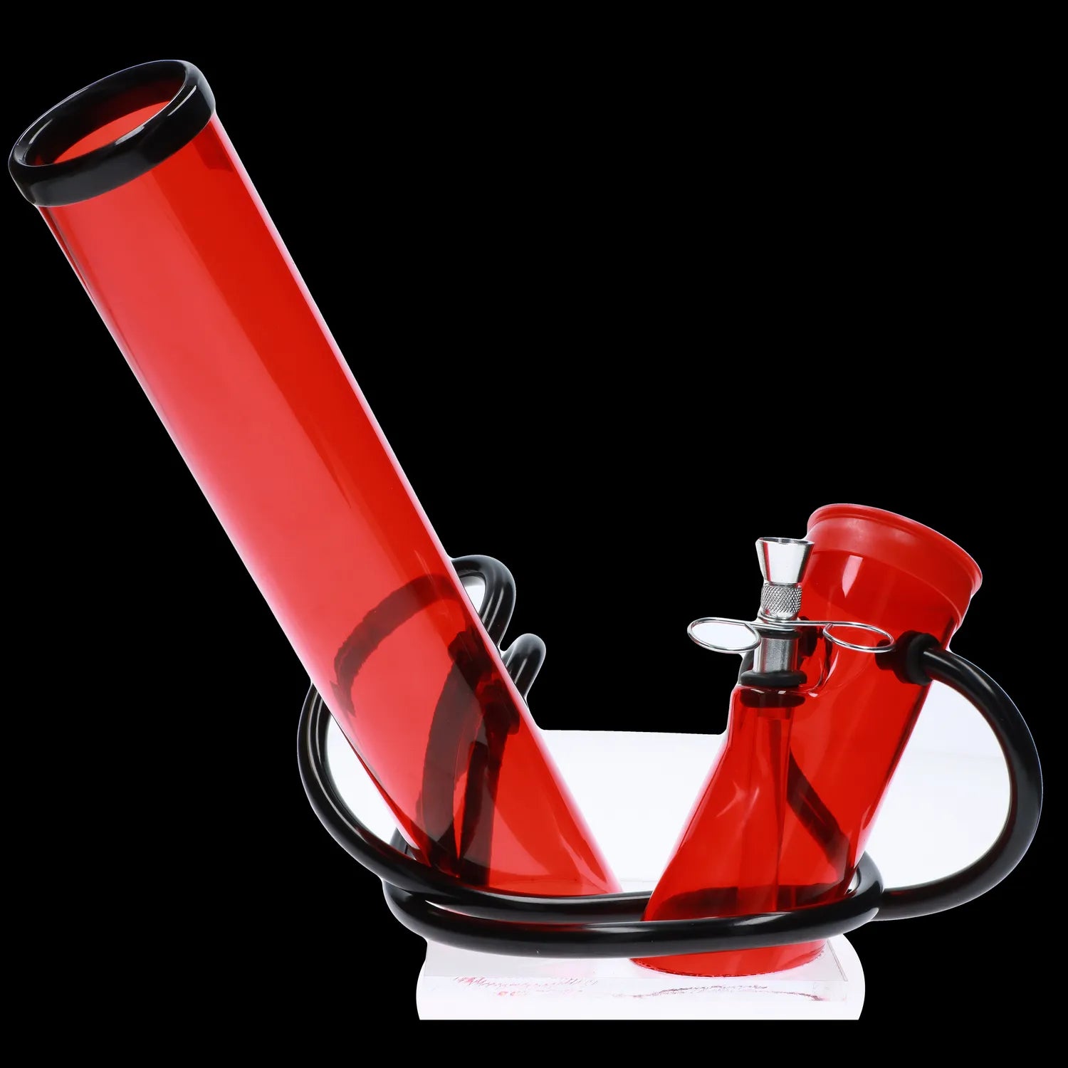 Red glass water pipe (bong) with black accents, isolated on a white base.
