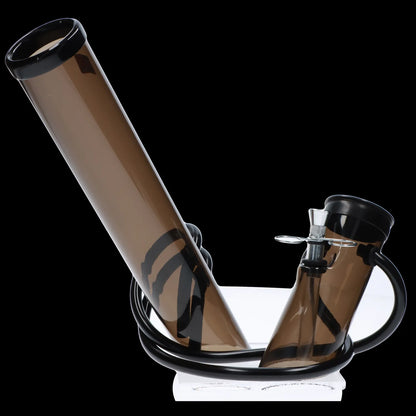 Amber glass water pipe with black swirls, displayed on a white base.