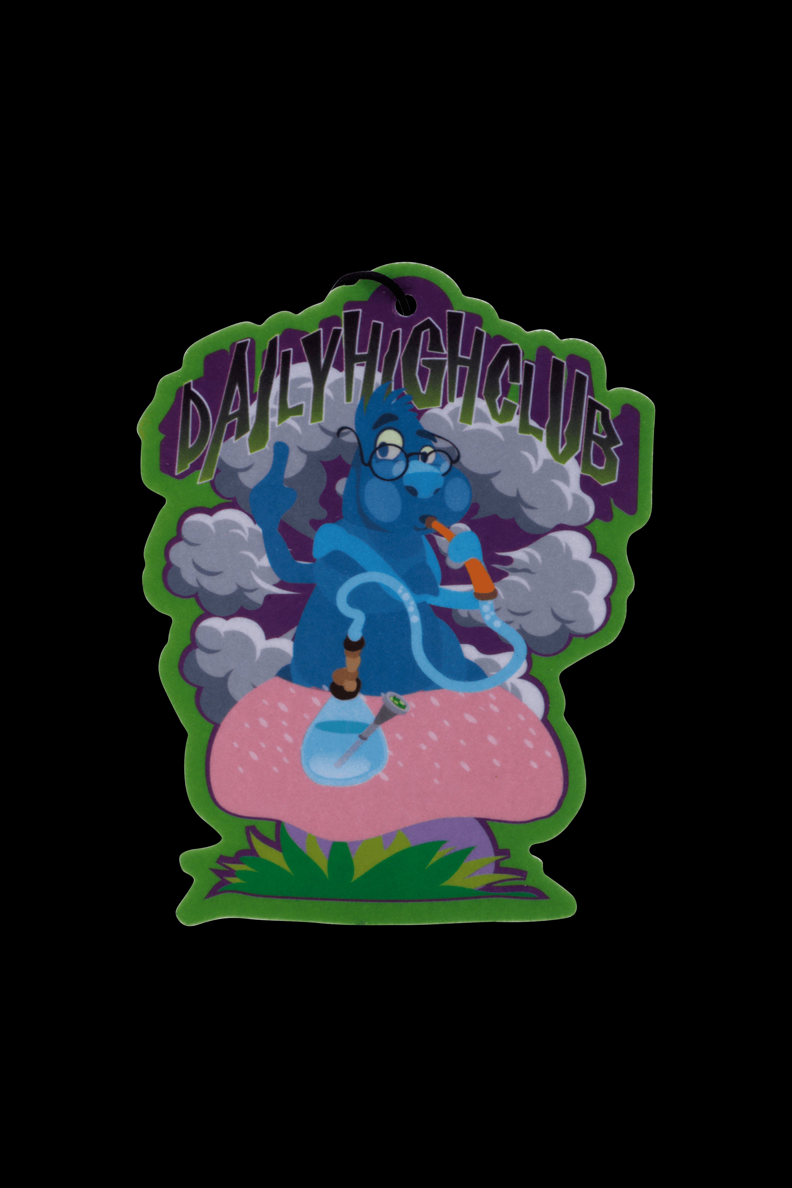 Cartoon illustration of a blue, humanoid figure smoking from a pink mushroom-shaped pipe, surrounded by swirling smoke and foliage, with the text "DAILY HIGH CLUB" arched above.