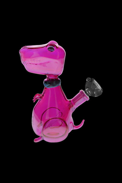 Pink glass dinosaur-shaped water pipe with a clear glass bowl.