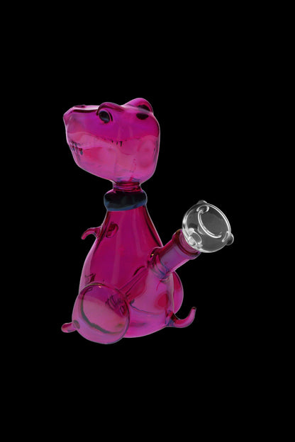 Pink glass dinosaur-shaped bubbler with a clear glass bowl.