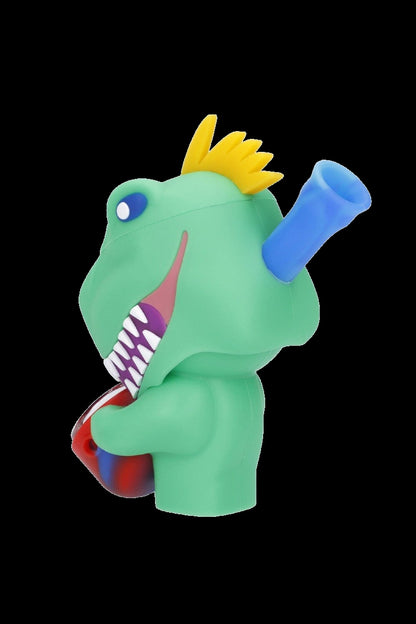 Cartoonish green monster-shaped water pipe with a blue mouthpiece and red detailing.