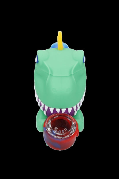 A novelty dab rig shaped like Reptar from Rugrats, featuring a red and blue glass insert.