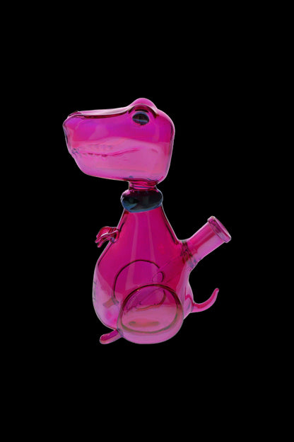 Pink glass dinosaur-shaped bubbler for smoking.