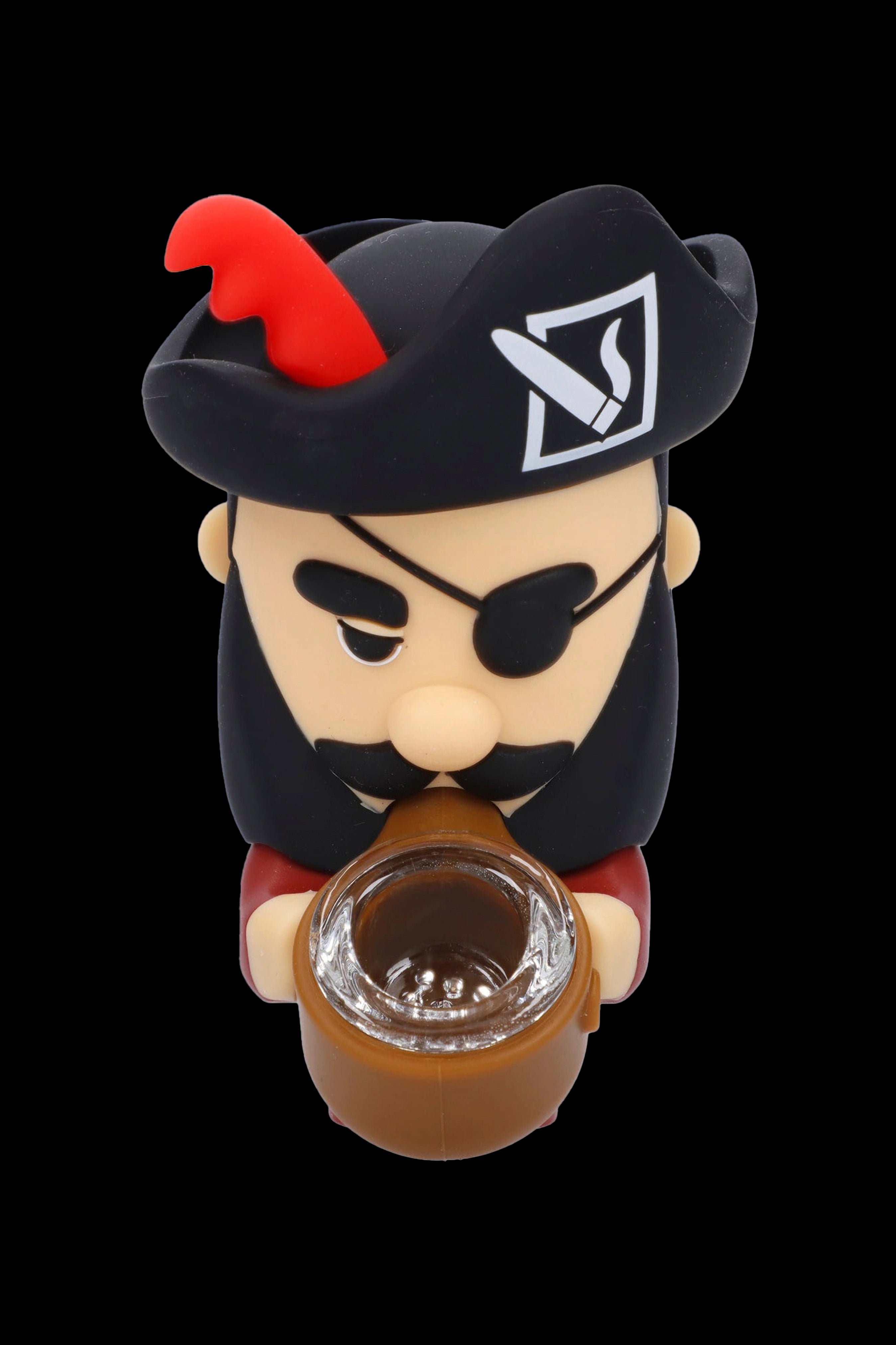Cartoon pirate-themed glass pipe with silicone accents.