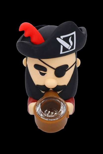 Cartoon pirate-themed glass pipe with silicone accents.