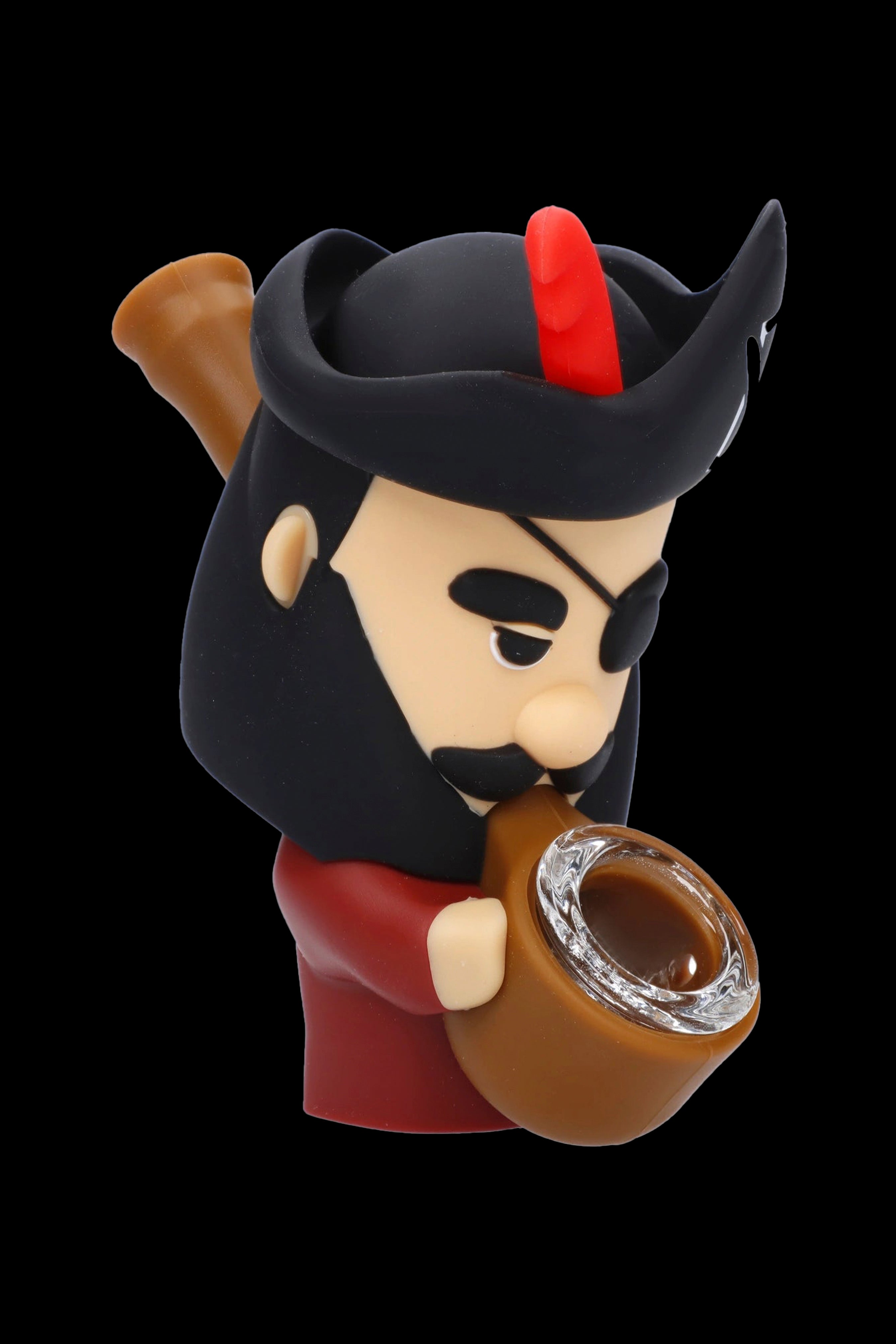 Cartoon pirate-themed glass pipe with a visible bowl, against a black background.