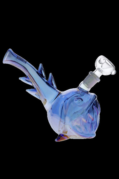Blue glass bubbler shaped like a fish with a clear glass bowl.