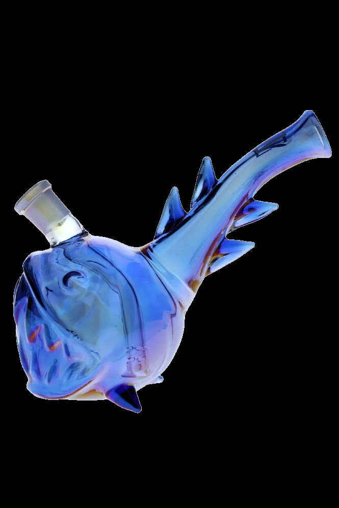Blue glass water pipe shaped like a pufferfish.