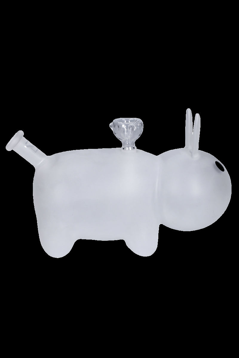 Glass water pipe shaped like a cartoon hippo.