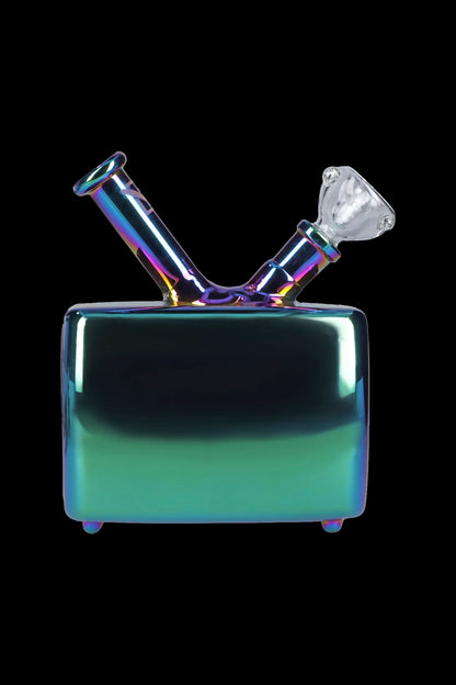 Iridescent glass water pipe resembling a vintage television set.