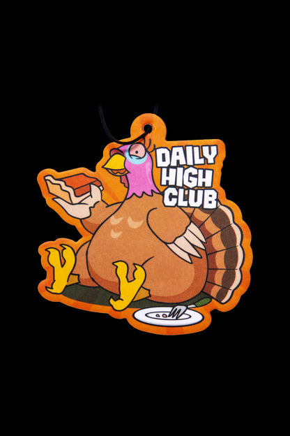 Orange air freshener shaped like a cartoon turkey with "Daily High Club" text.