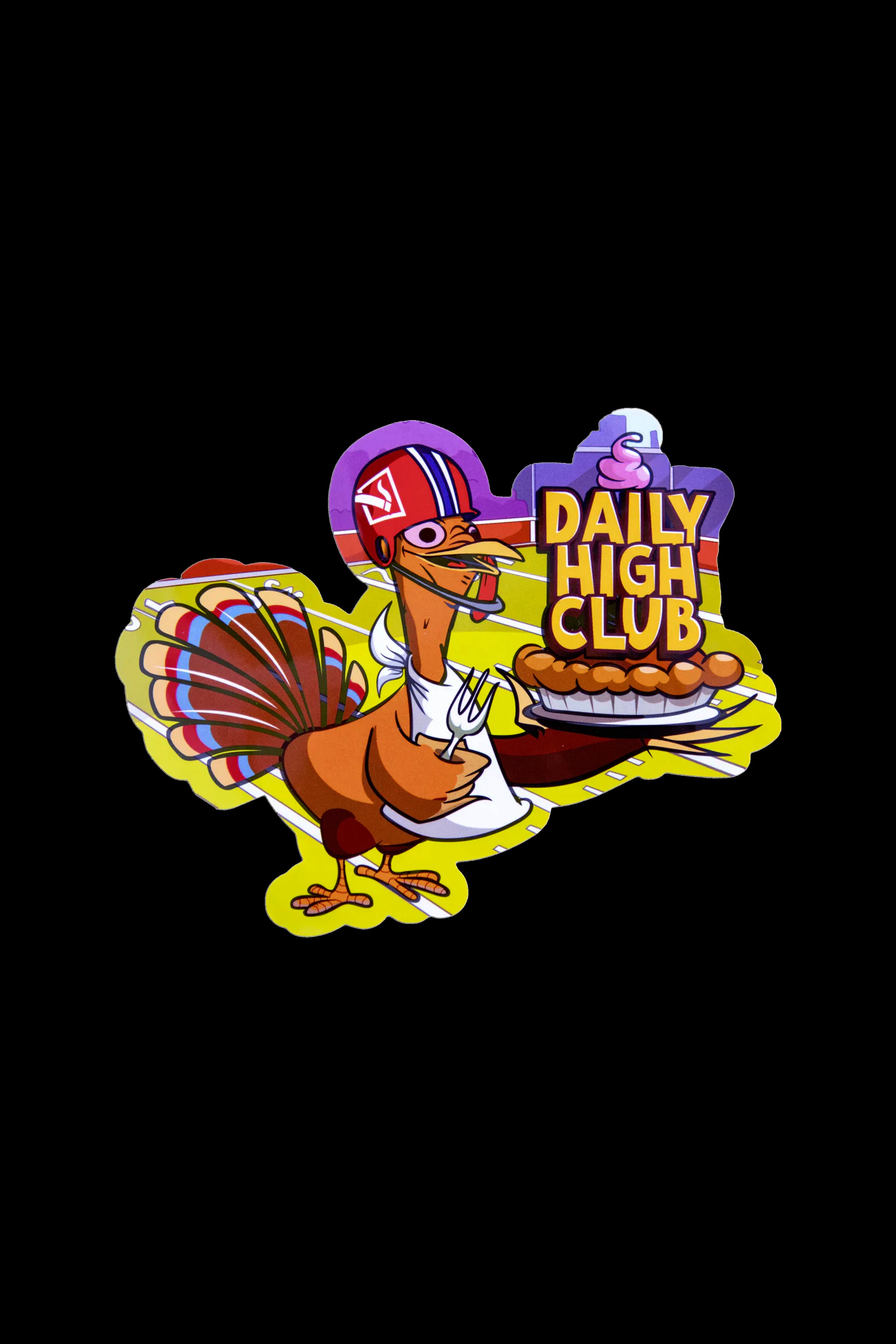 Cartoon turkey wearing a helmet and holding a plate of cannabis buds with text “Daily High Club.”