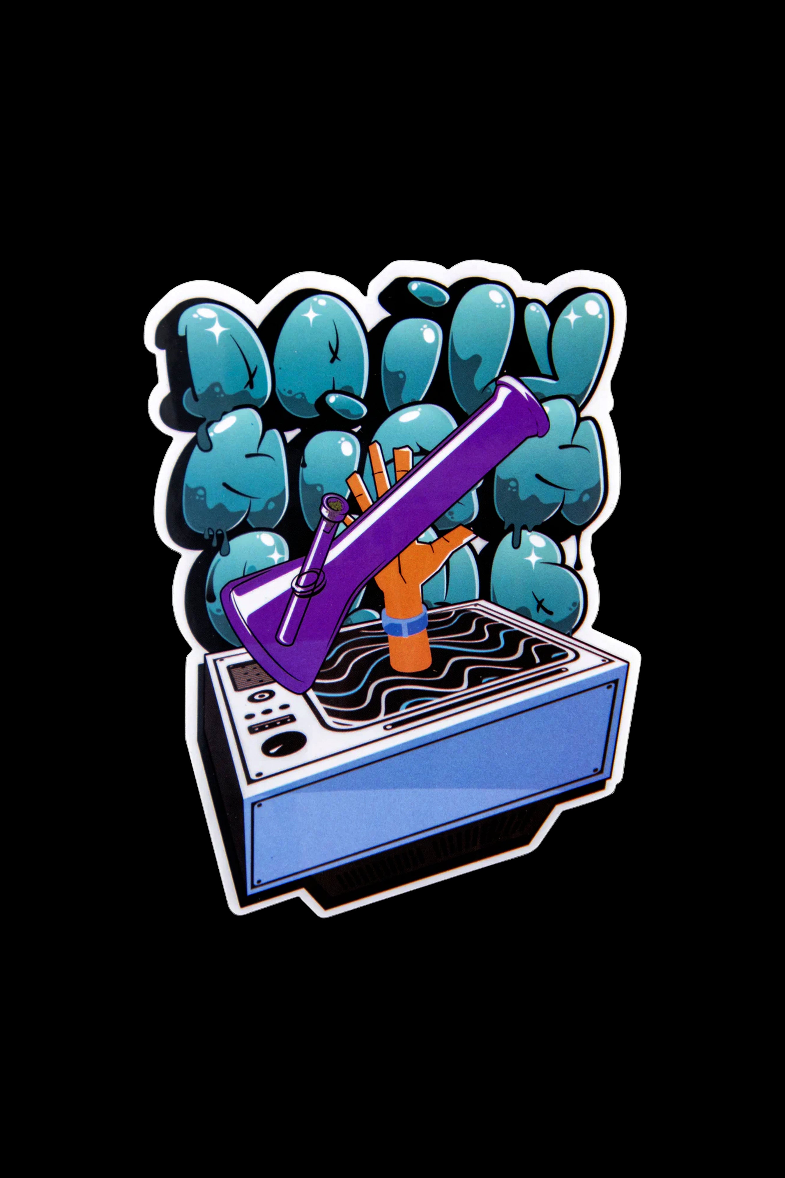 A colorful sticker-style illustration of a glass bong emerging from a vintage washing machine, surrounded by cartoonish alien heads.