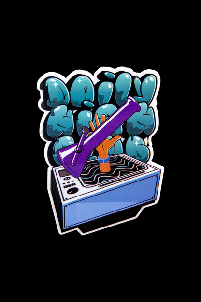 A colorful sticker-style illustration of a glass bong emerging from a vintage washing machine, surrounded by cartoonish alien heads.