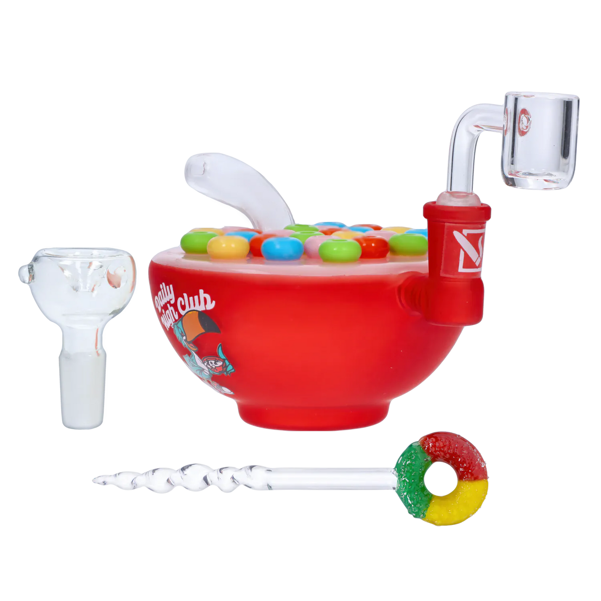 Side view of the red “Wake N’ Bowl” Smoking Box with a candy-topped lid, clear glass mouthpiece and colorful dab tool.