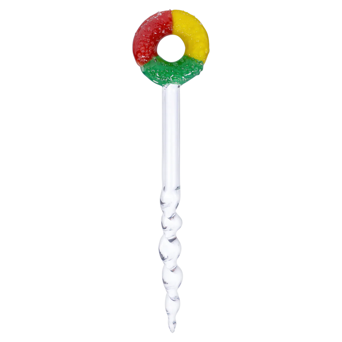 Top-down view of the “Wake N’ Bowl” Smoking Box showing a clear glass stem topped by a red, yellow, and green ring.
